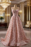 A Line Pink Tulle Sequins Spaghetti Straps Prom Dresses
