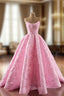 A Line Pink Tulle Sequins Strapless Prom Dresses