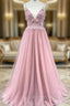 A-Line Pink Tulle Spaghetti Straps Backless Beading Prom Dress
