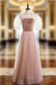 A Line Pink Tulle Velvet High Neck Short Sleeve Prom Dresses