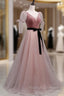 A Line Pink Tulle Velvet Long Prom Dress, Pink Formal Dresses