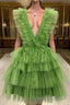 A Line Pink V Neck Tiered Homecoming Dresses Tulle Short Prom Dress