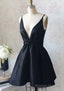 A Line Plunge V Back Black Taffeta Short Mini Homecoming Dress