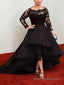 A Line Bateau Asymmetrical Satin Prom Dresses With Appliques Lace