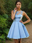 A Line Bateau Short Mini Satin Homecoming Dresses With Appliques Lace