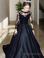A Line Bateau Sweep Train Satin Prom Dresses With Pockets