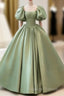 A-Line Princess Green Satin Puffy Sleeves Long Formal Dress Satin Prom Dress Party Dress