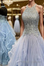 A Line Halter Floor Length Tulle Prom Dress With Appliques Lace