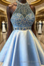 A Line Halter Short Mini Satin Homecoming Dress With Beading