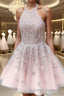 A Line Halter Short Mini Tulle Homecoming Dress With Appliques Lace