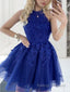A Line Halter Short Mini Tulle Homecoming Dresses With Appliques Lace