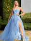 A Line Halter Sweep Train Tulle Prom Dresses With Leg Slit
