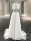 A Line Halter Sweep Train Tulle Wedding Dresses With Appliques Lace
