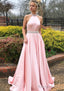 A Line High-Neck Sleeveless Sweep Train Satin Prom Dress With Waistband Beading