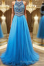 A Line Jewel Sweep Train Tulle Prom Dress With Beading