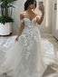 A Line Off-the-Shoulder Chapel Train Tulle Wedding Dress with Appliques Lace