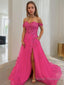 A Line Off-the-Shoulder Court Train Tulle Prom Dresses With Leg Slit