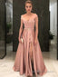 A Line Off-the-Shoulder Floor Length Satin Prom Dresses With Leg Slit