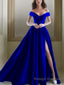 A Line Off-the-Shoulder Floor Length Satin Prom Dresses With Leg Slit