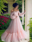 A Line Off-the-Shoulder Floor Length Tulle Prom Dresses With Appliques Lace