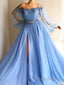 A Line Off-the-Shoulder Floor Length Tulle Prom Dresses With Leg Slit
