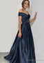 A-line/Princess Off-the-Shoulder Sleeveless Sweep Train Satin Prom Dresses With Pleated