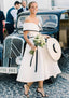 A Line Off-the-Shoulder Sleeveless Tea-Length Satin Bridesmaid Dress With Low Back