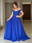 A Line Off-the-Shoulder Sweep Train Elastic Woven Satin Prom Dresses With Appliques Lace