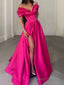 A Line Off-the-Shoulder Sweep Train Satin Prom Dresses With Leg Slit