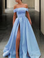 A Line Off-the-Shoulder Sweep Train Satin Prom Dress With Leg Slit
