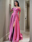 A Line Off-the-Shoulder Sweep Train Satin Prom Dresses With Leg Slit