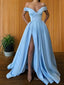 A Line Off-the-Shoulder Sweep Train Satin Prom Dresses With Leg Slit