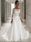 A Line Off-the-Shoulder Sweep Train Satin Wedding Dresses With Belt/Sash