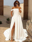 A Line Off-the-Shoulder Sweep Train Satin Wedding Dresses With Leg Slit