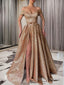 A Line Off-the-Shoulder Sweep Train Sequins Prom Dresses With Leg Slit
