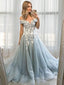 A Line Off-the-Shoulder Sweep Train Tulle Prom Dresses With Appliques Lace