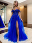A Line Off-the-Shoulder Sweep Train Tulle Prom Dresses With Leg Slit