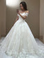 A Line Off-the-Shoulder Sweep Train Tulle Wedding Dresses With Appliques Lace