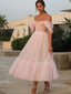 A Line Off-the-Shoulder Tea-Length Tulle Homecoming Dresses With Ruffles