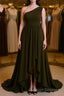 A Line One Shoulder Asymmetrical Chiffon Bridesmaid Dress with Pleated