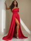 A Line One Shoulder Sweep Train Charmeuse Prom Dresses With Leg Slit