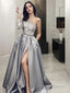 A Line One Shoulder Sweep Train Satin Prom Dresses With Pockets