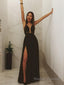 A Line Scoop Floor Length Chiffon Prom Dresses With Leg Slit