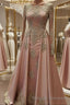 A Line Scoop Floor Length Tulle Prom Dress With Appliques Lace