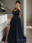 A Line Scoop Sweep Train Satin Prom Dresses With Leg Slit