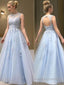 A Line Sheer Neck Floor Length Tulle Prom Dresses With Appliques Lace