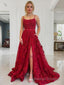 A Line Spaghetti Straps Court Train Tulle Prom Dresses With Leg Slit