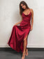 A Line Spaghetti Straps Floor Length NS Elastic Woven Satin Prom Dress With Leg Slit