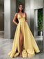 A Line Spaghetti Straps Floor Length Satin Prom Dress With Leg Slit