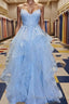 A Line Spaghetti Straps Floor Length Tulle Prom Dress With Appliques Lace